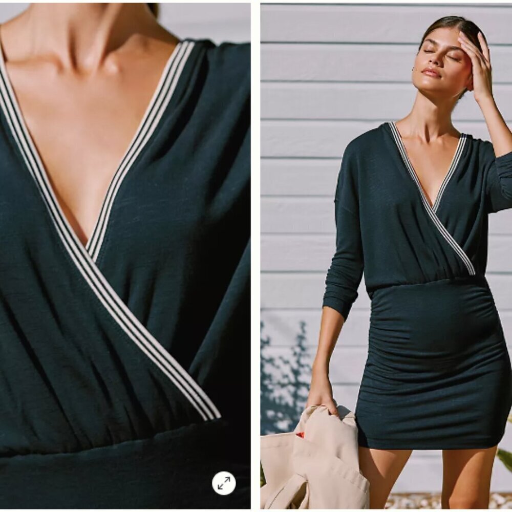 Anthropologie Daily Practice Ruched Knit Hooded Mini Dress Long Sleeves - Picture 2 of 10